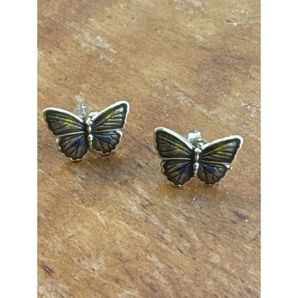 Anni‎ Butterfly Stud Earrings Gold Tone Black Enamel Vintage Style